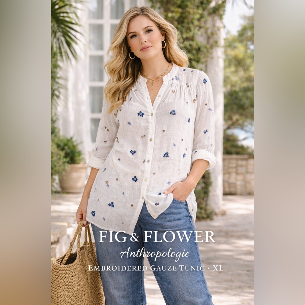 Anthro’s Fig & Flower,Embroidered Floral Tunic Blouse White Boho Gauze,Size XL